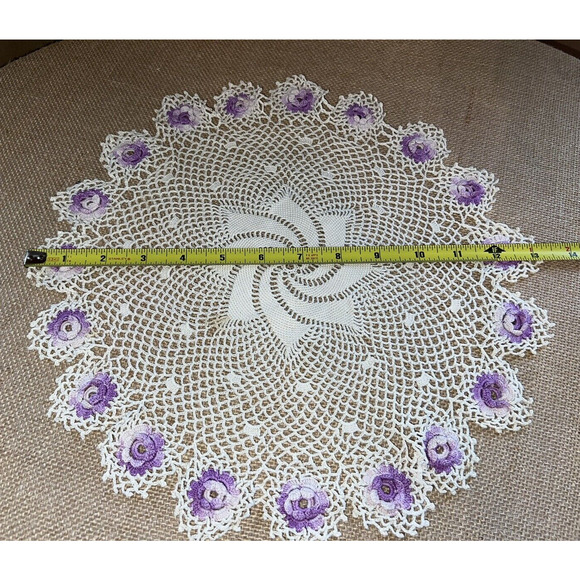 Vintage Large 13 inch Hand Crocheted Doily with Flowers - Picture 2 of 7